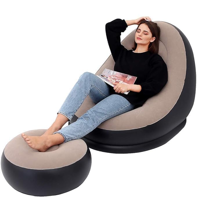 Inflatable Leisure Sofa Chair and Footstool, Outdoor Folding Lounger Flocking Lazy Couch, 2-in-1 Lounge Bed Set Portable Recliner with Air Pump (Gray) Pack of 1