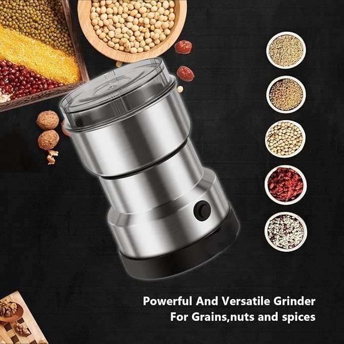 Stainless Steel Mini Electric Grinder and Coffee Maker, Multifunctional Household Grinder for Spices, Coffee Beans, Nuts and Grains, Compact Mixer Grinder with Silver Finish