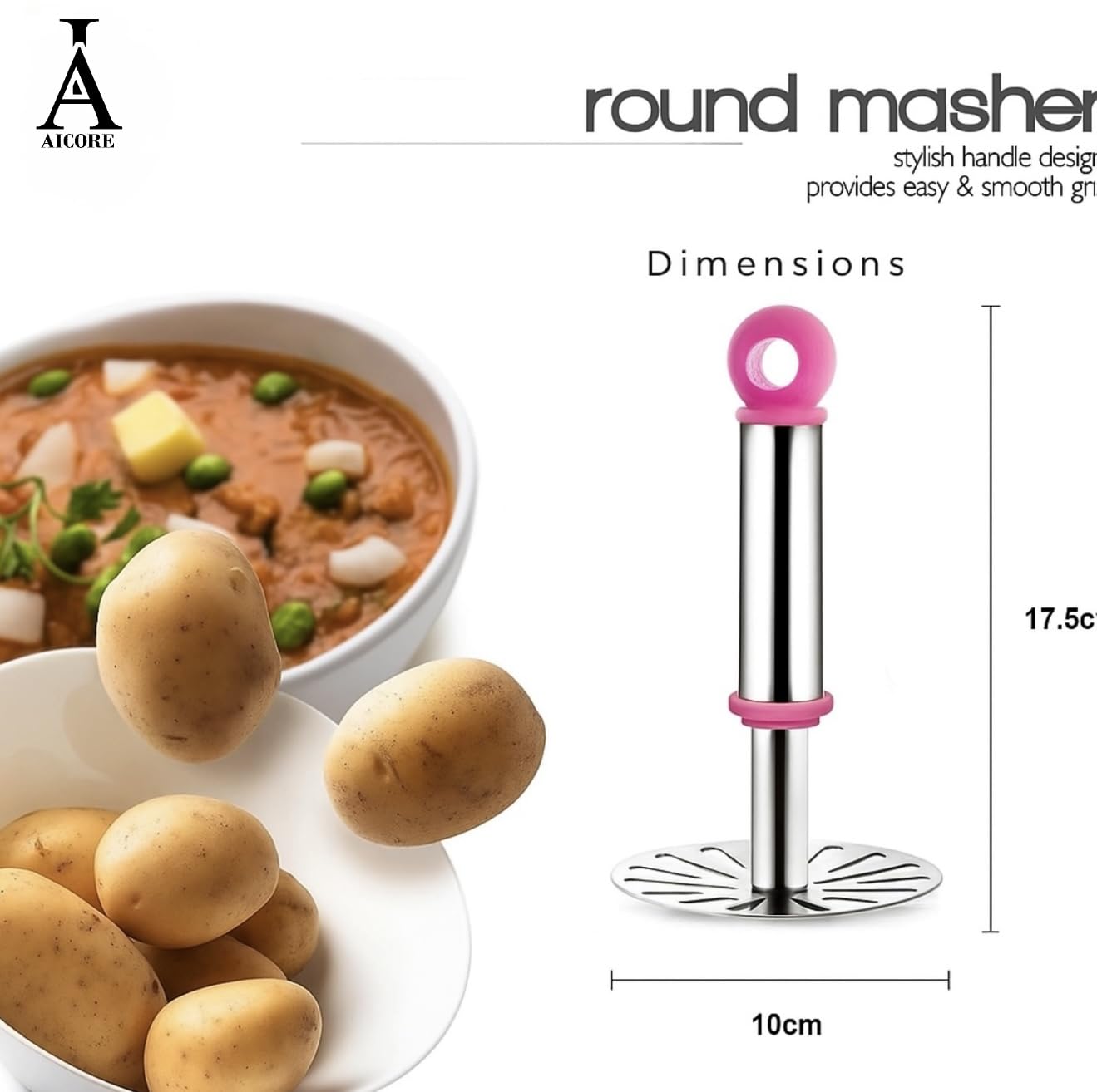 Stainless Steel Potato Masher with Ergonomic Handle – Heavy Duty Kitchen Tool for Mashing Potatoes, Vegetables & Fruits (Pink)