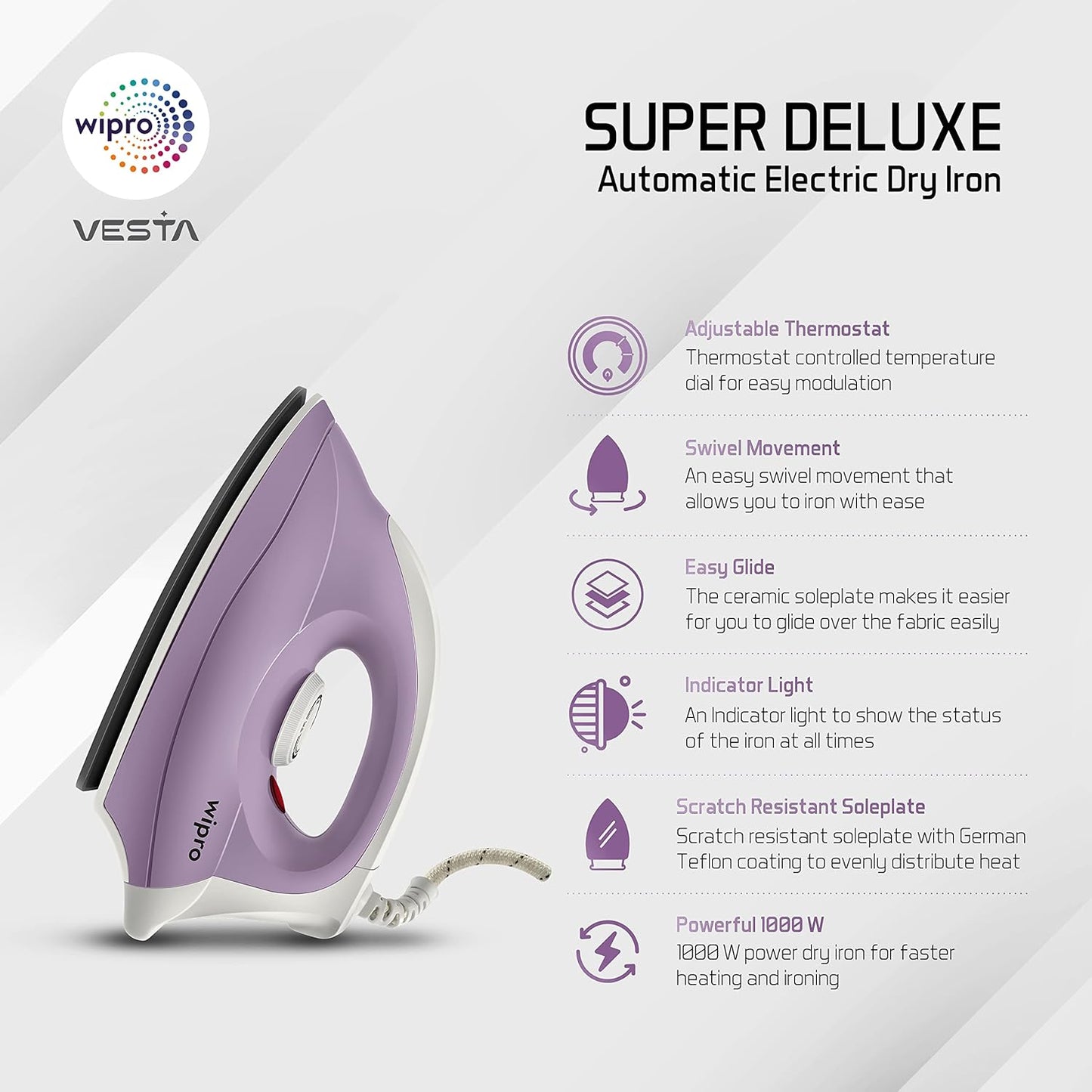 Wipro Gd205 Super Deluxe 1000 Watt Automatic Electric Dry Iron | Large Soleplate|Anti Bacterial German Weilburger Double Coated Soleplate | Quick Heat Up - 1000 Watts, Aluminium