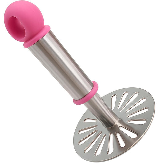 Stainless Steel Potato Masher with Ergonomic Handle – Heavy Duty Kitchen Tool for Mashing Potatoes, Vegetables & Fruits (Pink)