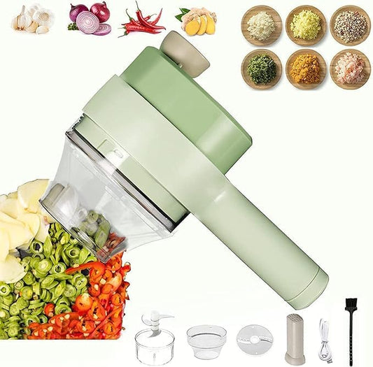 Click to see full view       2+ 4-in-1 Handheld Electric Vegetable Cutter Set Wireless Portable Food Processor and Vegetable Chopper with USB Charging for Garlic Chili Onion Slicer and Kitchen Cleaning Brush