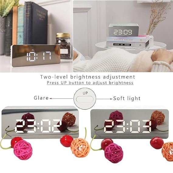 Digital LED Mirror Alarm Clock, Large Display Alarm Clock for Heavy Sleepers & Kids with Snooze, Time & Temperature Display, Battery & USB Powered for Bedroom, Office & Travel