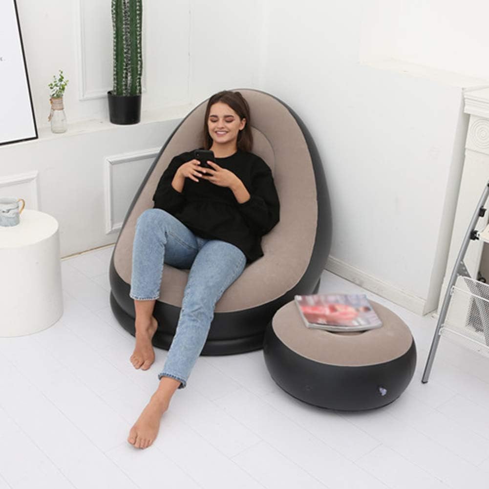 Inflatable Leisure Sofa Chair and Footstool, Outdoor Folding Lounger Flocking Lazy Couch, 2-in-1 Lounge Bed Set Portable Recliner with Air Pump (Gray) Pack of 1