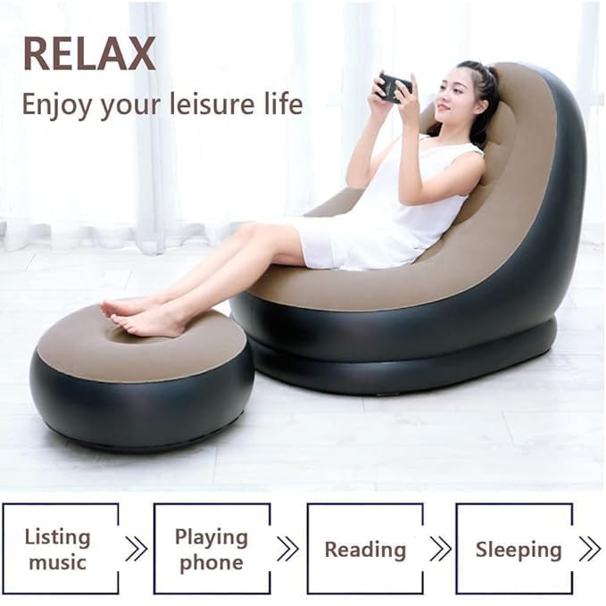 Inflatable Leisure Sofa Chair and Footstool, Outdoor Folding Lounger Flocking Lazy Couch, 2-in-1 Lounge Bed Set Portable Recliner with Air Pump (Gray) Pack of 1