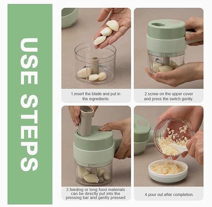 Click to see full view       2+ 4-in-1 Handheld Electric Vegetable Cutter Set Wireless Portable Food Processor and Vegetable Chopper with USB Charging for Garlic Chili Onion Slicer and Kitchen Cleaning Brush
