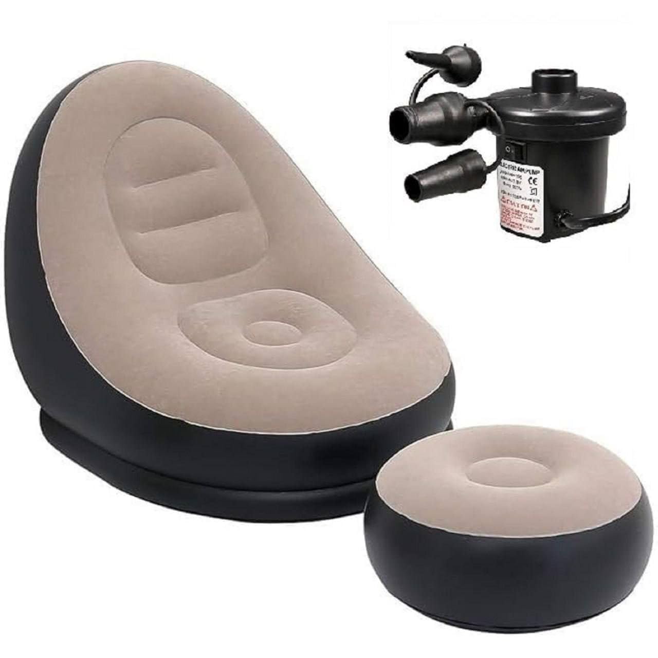 Inflatable Leisure Sofa Chair and Footstool, Outdoor Folding Lounger Flocking Lazy Couch, 2-in-1 Lounge Bed Set Portable Recliner with Air Pump (Gray) Pack of 1