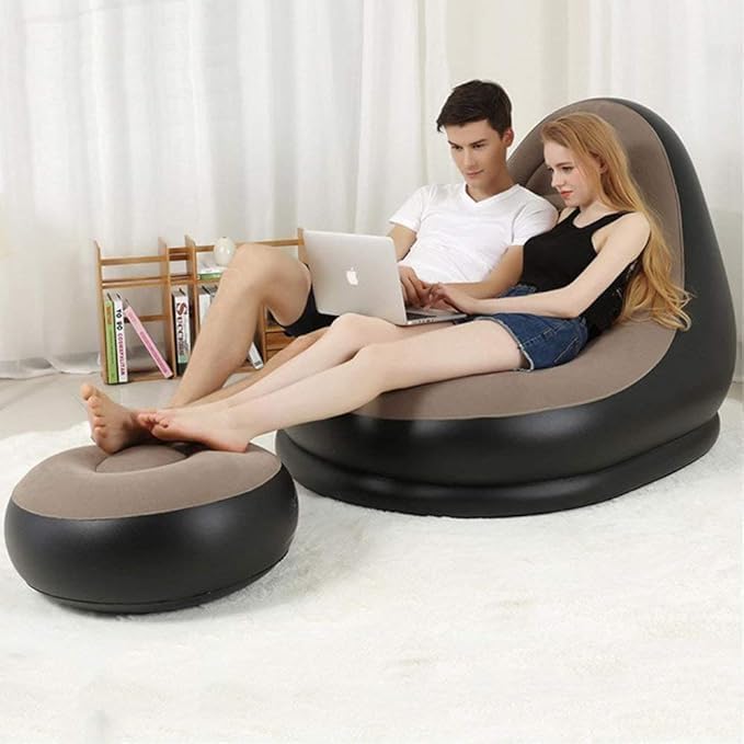 Inflatable Leisure Sofa Chair and Footstool, Outdoor Folding Lounger Flocking Lazy Couch, 2-in-1 Lounge Bed Set Portable Recliner with Air Pump (Gray) Pack of 1