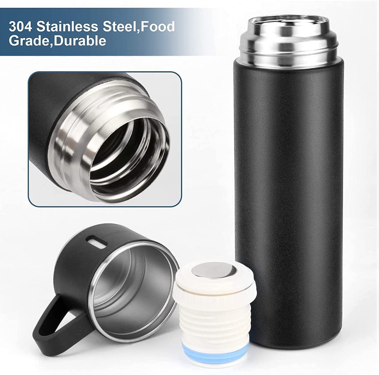 Vacuum Flask Set with 2 Cups, Double Wall Stainless Steel Thermo 500ml Vacuum Insulated Bottle Water Flask Gift Set with 3 Cups