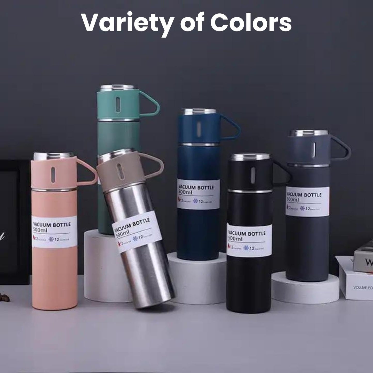 Vacuum Flask Set with 2 Cups, Double Wall Stainless Steel Thermo 500ml Vacuum Insulated Bottle Water Flask Gift Set with 3 Cups