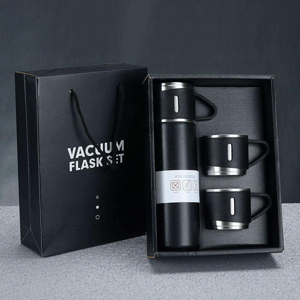 Vacuum Flask Set with 2 Cups, Double Wall Stainless Steel Thermo 500ml Vacuum Insulated Bottle Water Flask Gift Set with 3 Cups