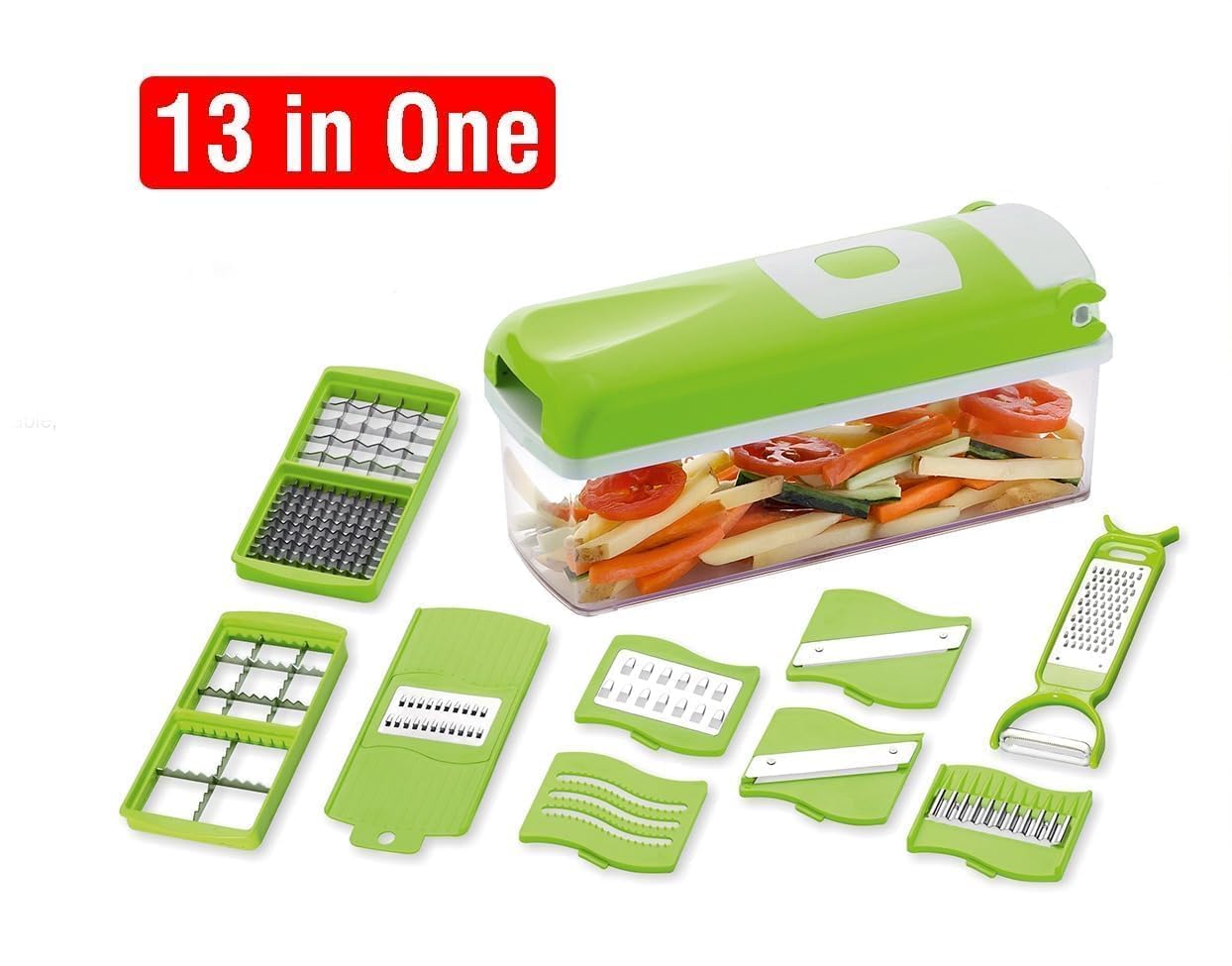 DJ 13 in 1 Multipurpose Chopper, Fruits & Vegetable Cutters, Grater Peeler Chipser, Unbreakable Food Grade Body, Easy Push to Clean Button Slicer Dicer, Chopper for Kitchen