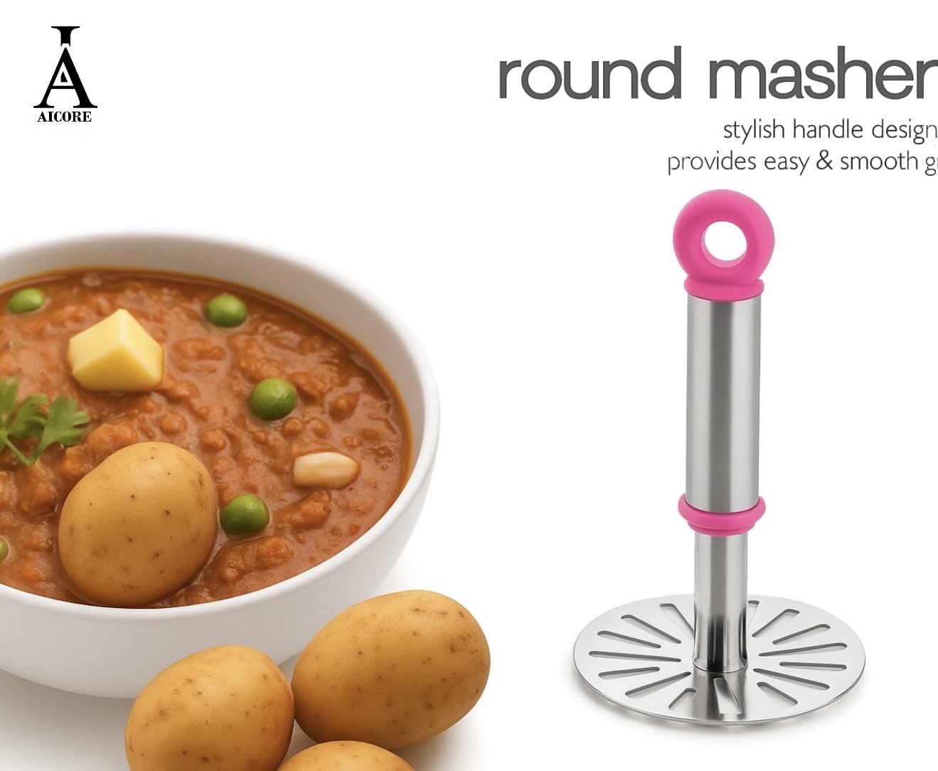 Stainless Steel Potato Masher with Ergonomic Handle – Heavy Duty Kitchen Tool for Mashing Potatoes, Vegetables & Fruits (Pink)