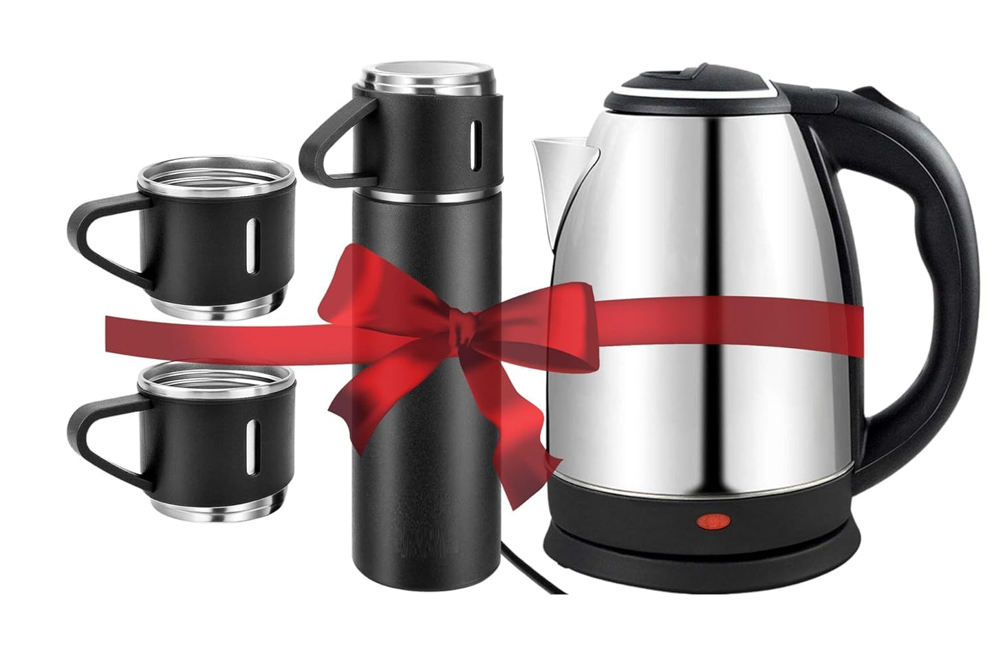 3 in 1 Combo Set Electric Kettle Stainless Steel 1.8 litres, Thermo Vaccum Flask Set with 2 Cups for boiling Water, Making Tea and Coffee, Instant Noodles