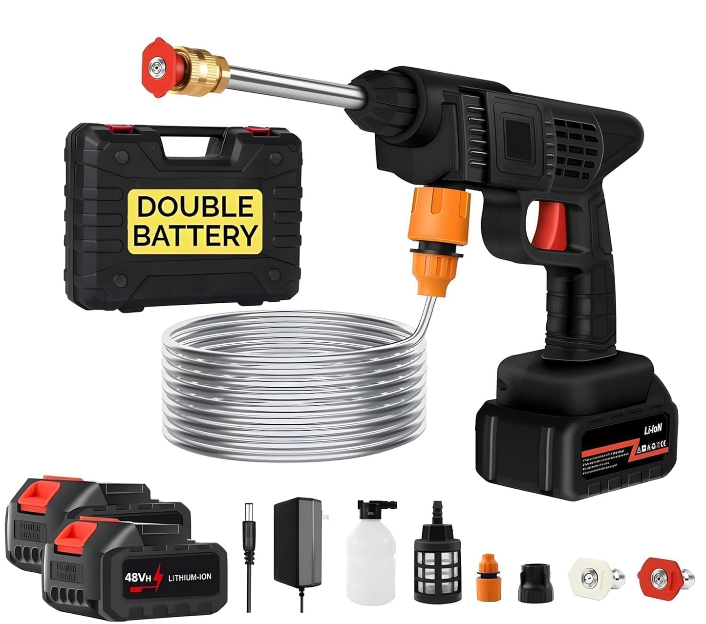 (Double Battery) Wireless High Pressure Car Washer & Car Cleaning 48V Rechargeable Electric Pressure Washer Gun Machine Tool for Top Flexible Pressure Washer Hose (Double Battery Gun)