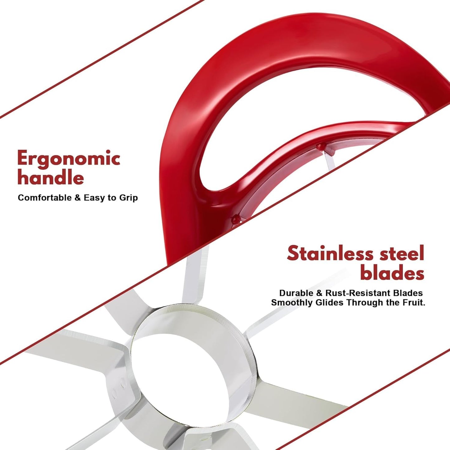 Apple Slicer Wedger Cutter Divider Corer Pitter, 8 Stainless Steel Blades, Non-Slip Handle, Kitchen Tool - Red