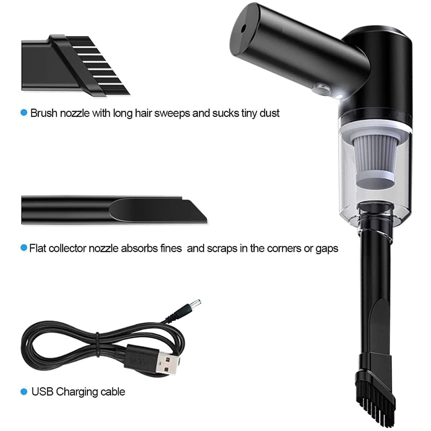3-in-1 Portable Car Vacuum Cleaner with Blower, USB Rechargeable, Black, Wireless Handheld Mini Design, Strong Suction, Washable HEPA Filter for Car, Home, Travel