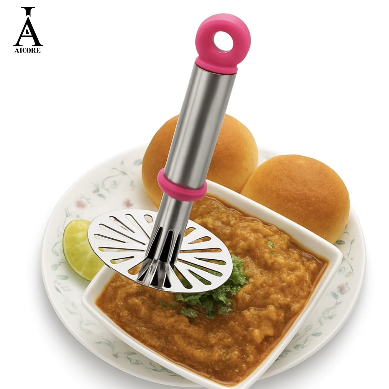 Stainless Steel Potato Masher with Ergonomic Handle – Heavy Duty Kitchen Tool for Mashing Potatoes, Vegetables & Fruits (Pink)