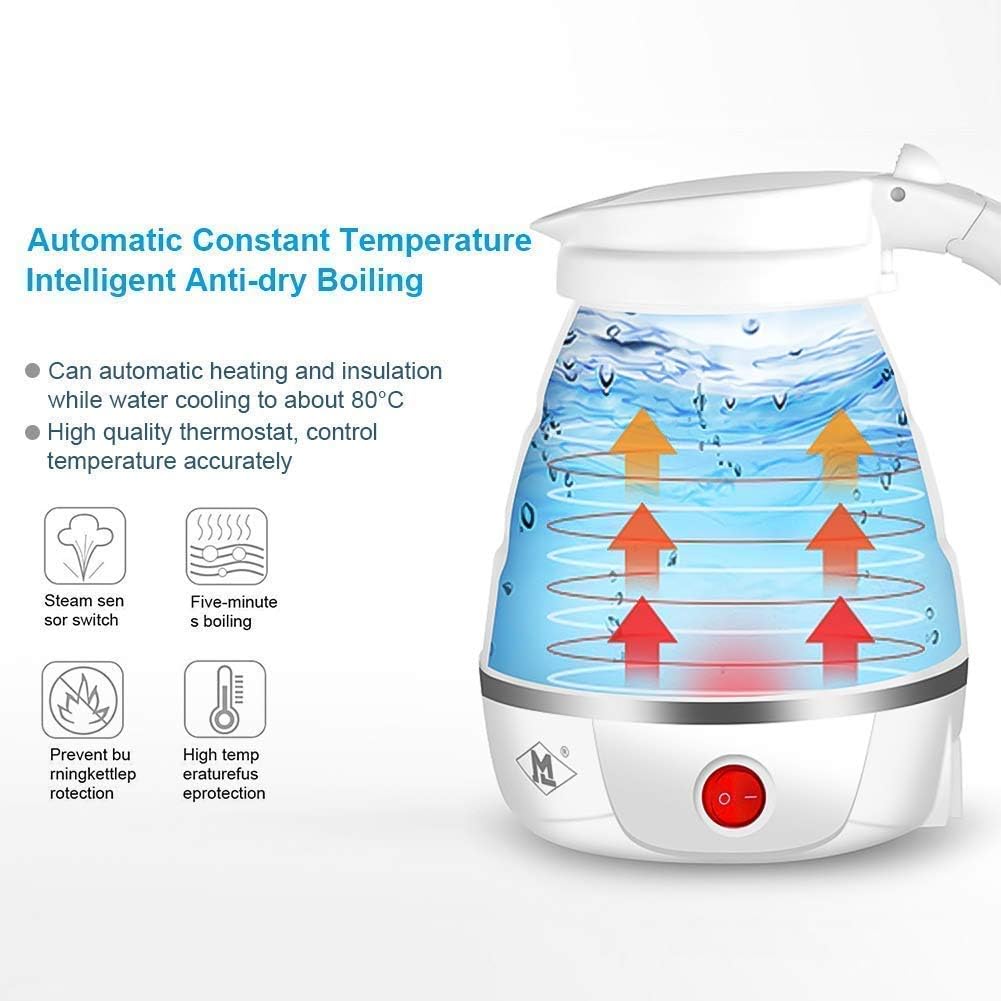 Travel Folding Electric Kettle, Fast Boiling, Portable Electric Kettle, 600ml Boil Dry Protection, 100-240V Food Grade Silicone Foldable Kettle (Multicolor), 600 watts