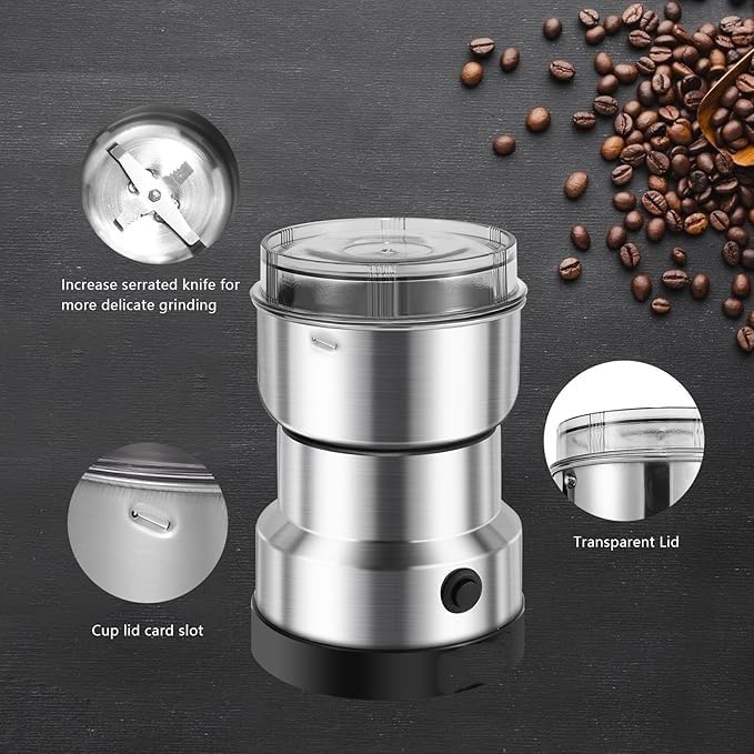 Stainless Steel Mini Electric Grinder and Coffee Maker, Multifunctional Household Grinder for Spices, Coffee Beans, Nuts and Grains, Compact Mixer Grinder with Silver Finish