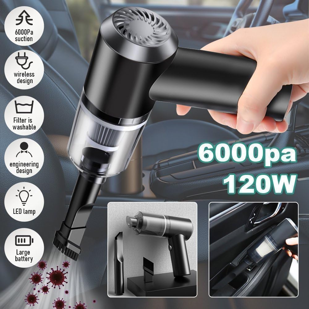 3-in-1 Portable Car Vacuum Cleaner with Blower, USB Rechargeable, Black, Wireless Handheld Mini Design, Strong Suction, Washable HEPA Filter for Car, Home, Travel