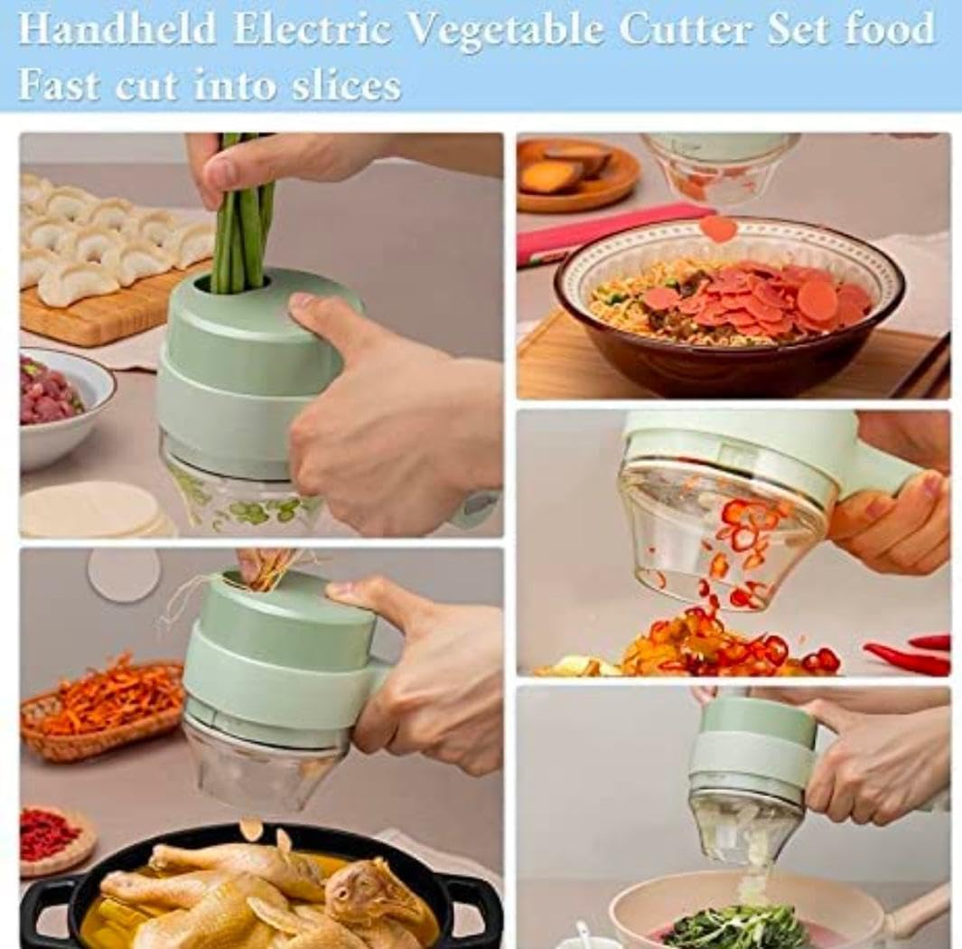 Click to see full view       2+ 4-in-1 Handheld Electric Vegetable Cutter Set Wireless Portable Food Processor and Vegetable Chopper with USB Charging for Garlic Chili Onion Slicer and Kitchen Cleaning Brush