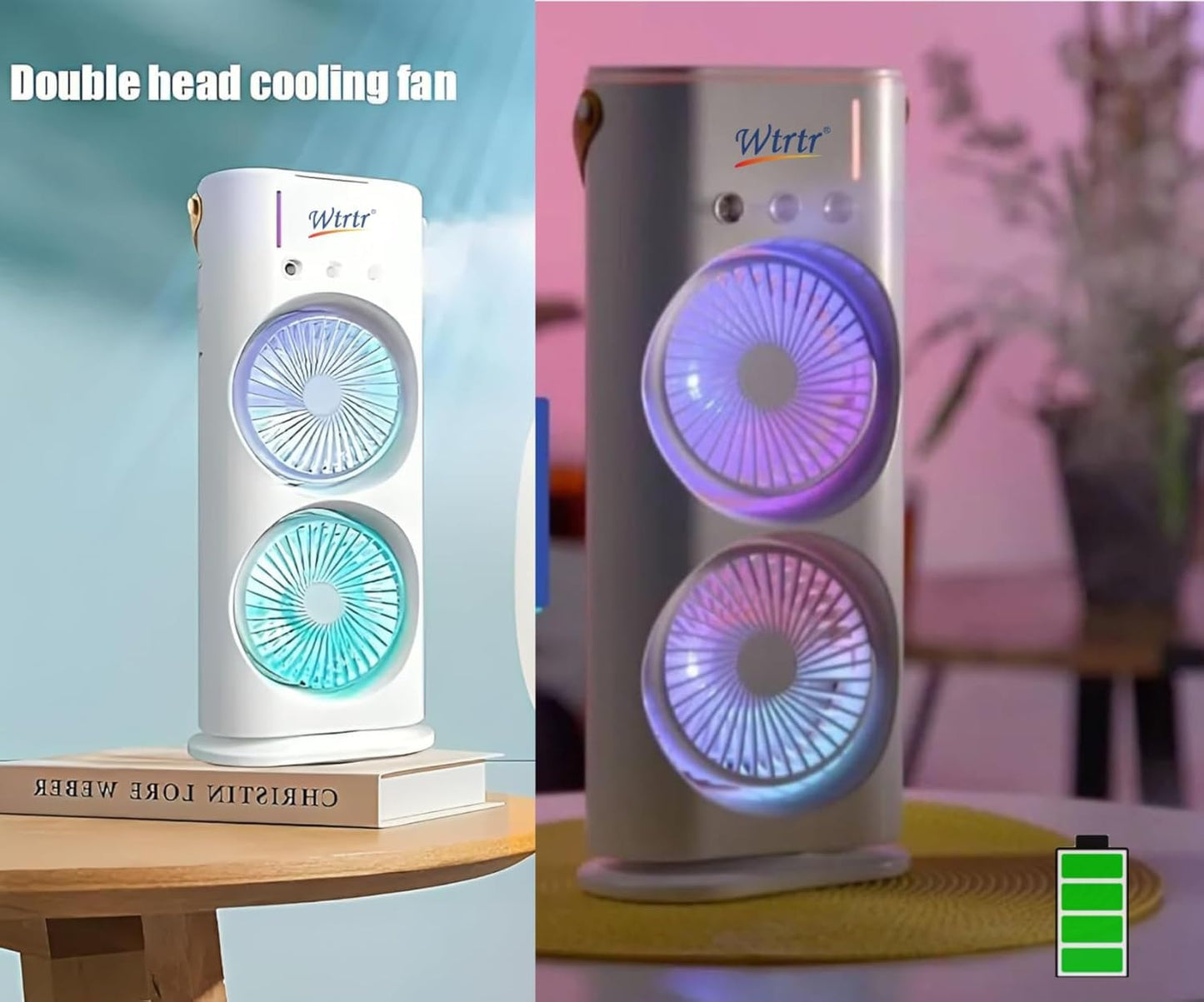 4000mAh Double Ended Spray Fan, Cold Air, 2025 New 3 Gears USB Rechargeable Oscillating one with LED Light Cooler, Tower Air Coolers & Remote Control, 280ml Water Tank, Ice Filling