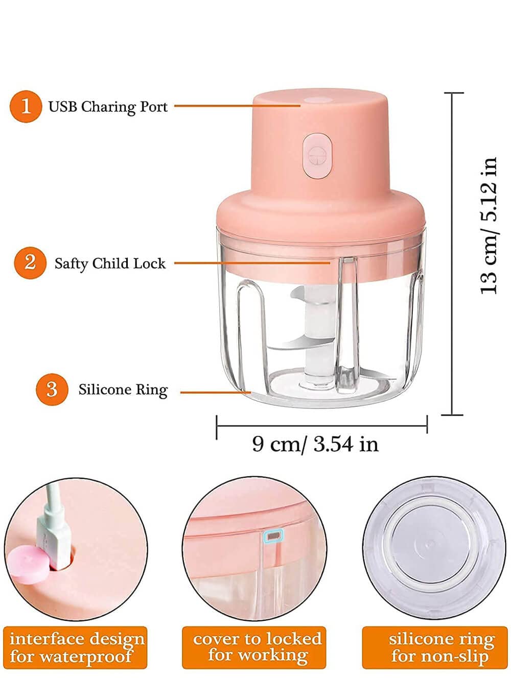 Electric Mini Garlic Chopper Portable Mini Chopper with USB Charging, Powerful Small Food Processor Garlic Masher Blender for Spice Meat Vegetable Nuts, 100 Ml