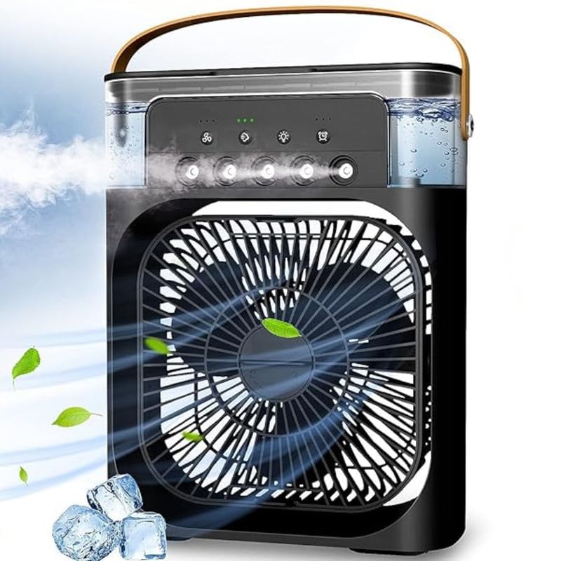 White Portable Air Cooler. Equipped with a 500 ml water tank, USB cooler, mini humidifier, 7 colors LED light, 3 timer settings,3 spray modes_M103