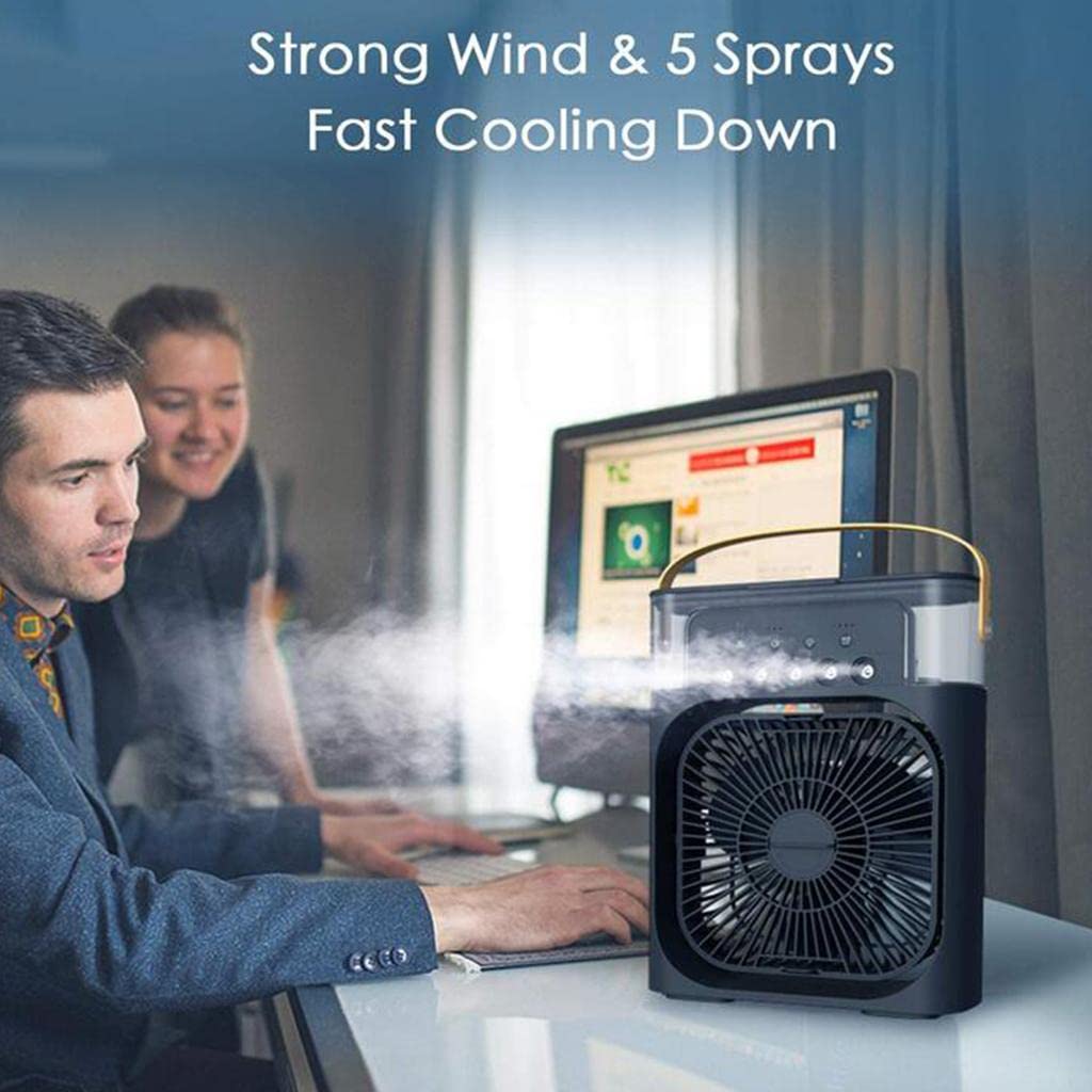 White Portable Air Cooler. Equipped with a 500 ml water tank, USB cooler, mini humidifier, 7 colors LED light, 3 timer settings,3 spray modes_M103