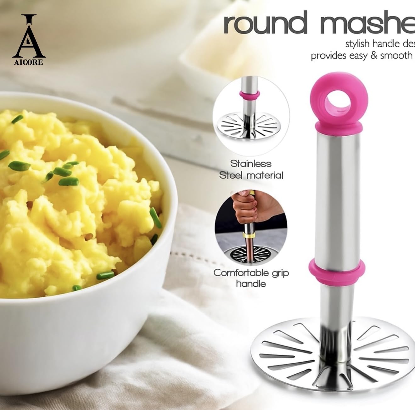 Stainless Steel Potato Masher with Ergonomic Handle – Heavy Duty Kitchen Tool for Mashing Potatoes, Vegetables & Fruits (Pink)