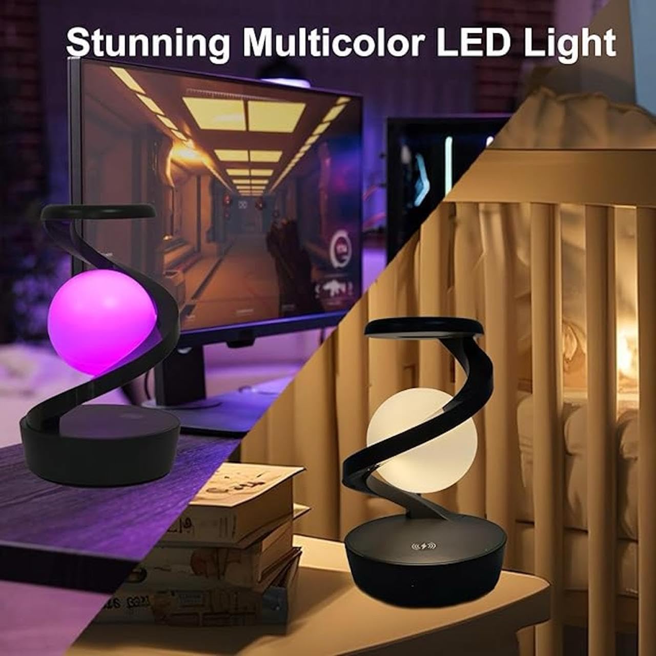 Spiral Rotating Desk Lamp | RGB Spiral Rotating Moon Lamp | Rechargeable Table Lamp | Multicolor LED Levitating Night Light | 3D Visual Levitation Ball 360° Spiral Rotating Desk Lamp