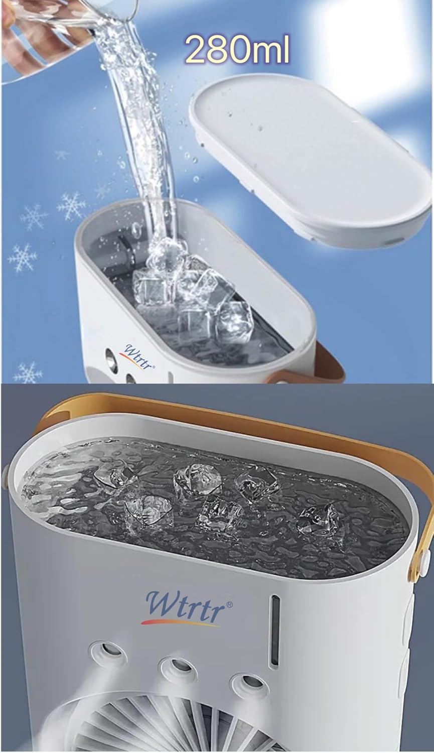 4000mAh Double Ended Spray Fan, Cold Air, 2025 New 3 Gears USB Rechargeable Oscillating one with LED Light Cooler, Tower Air Coolers & Remote Control, 280ml Water Tank, Ice Filling