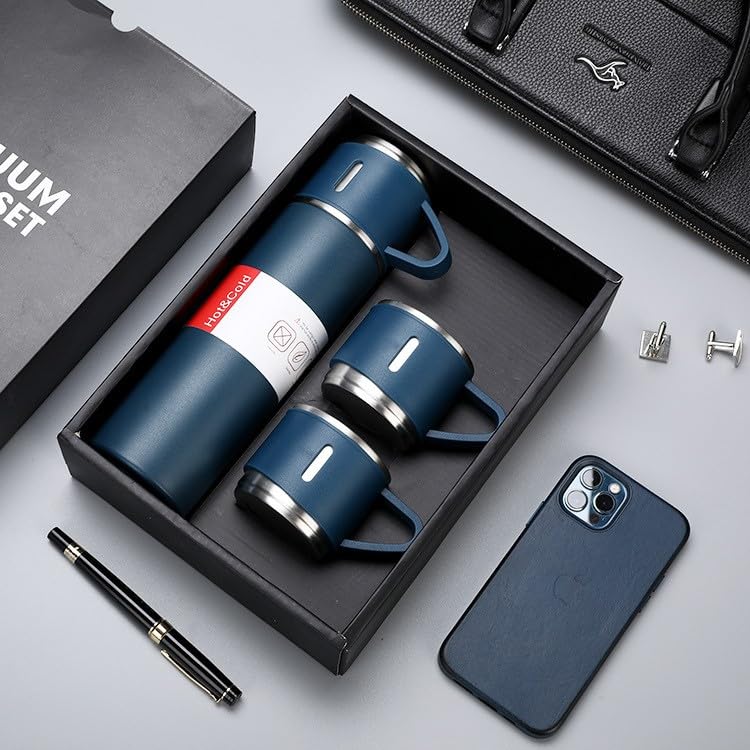 Vacuum Flask Set with 2 Cups, Double Wall Stainless Steel Thermo 500ml Vacuum Insulated Bottle Water Flask Gift Set with 3 Cups