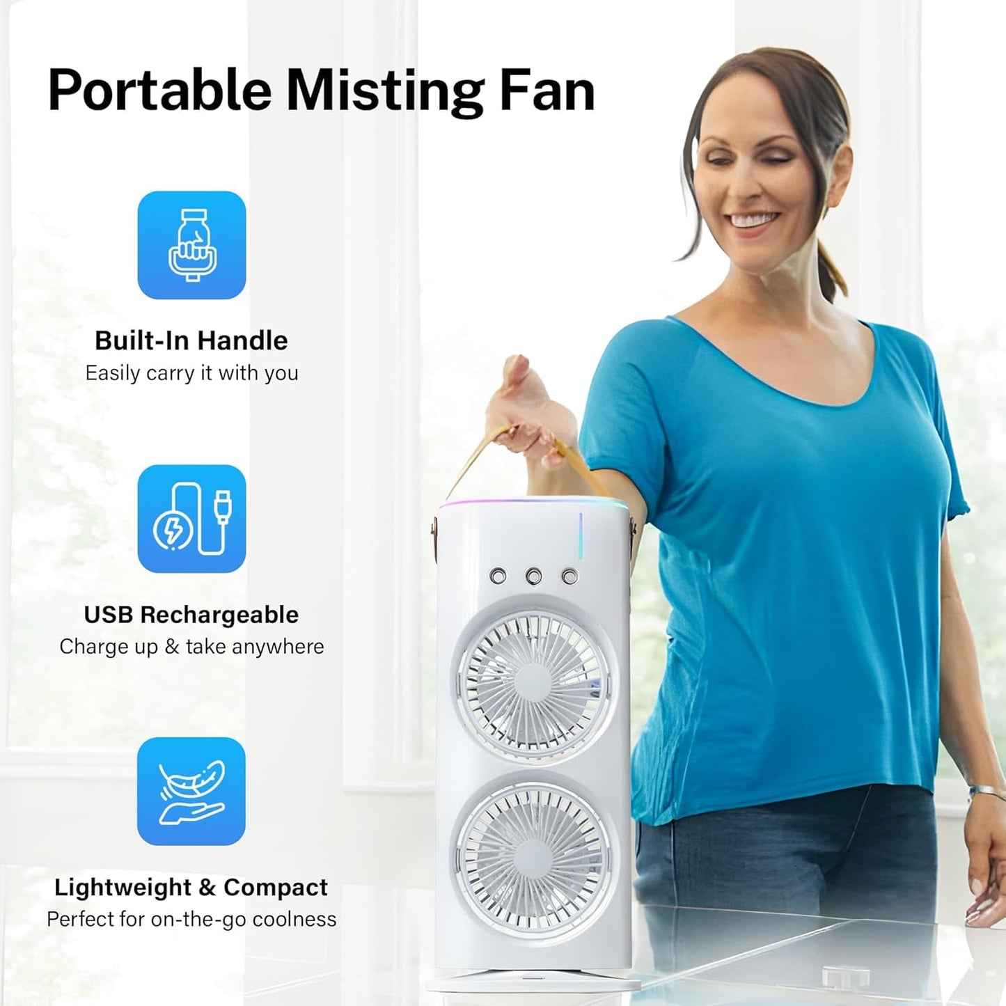 4000mAh Double Ended Spray Fan, Cold Air, 2025 New 3 Gears USB Rechargeable Oscillating one with LED Light Cooler, Tower Air Coolers & Remote Control, 280ml Water Tank, Ice Filling