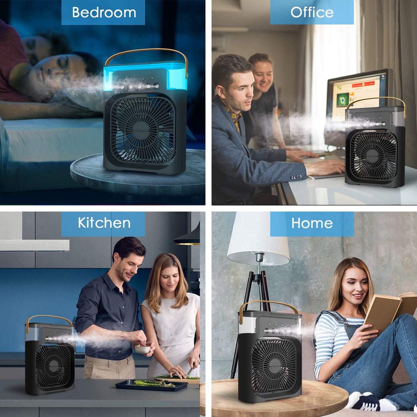 White Portable Air Cooler. Equipped with a 500 ml water tank, USB cooler, mini humidifier, 7 colors LED light, 3 timer settings,3 spray modes_M103