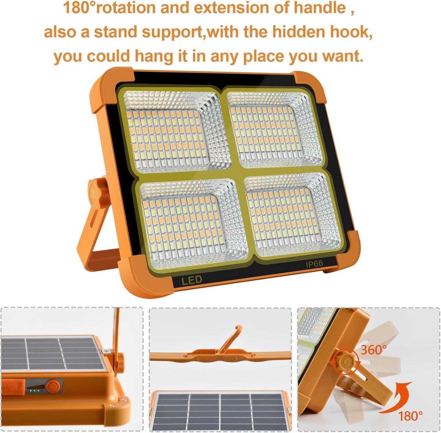 USB & Solar Rechargeable LED Flood Light - 288 LED's Portable & IP66 Waterproof Outdoor Light for Garden, Camping, Garage, and Emergency Use