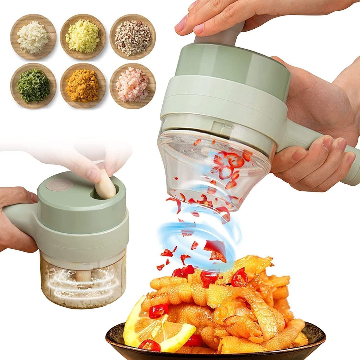 Click to see full view       2+ 4-in-1 Handheld Electric Vegetable Cutter Set Wireless Portable Food Processor and Vegetable Chopper with USB Charging for Garlic Chili Onion Slicer and Kitchen Cleaning Brush