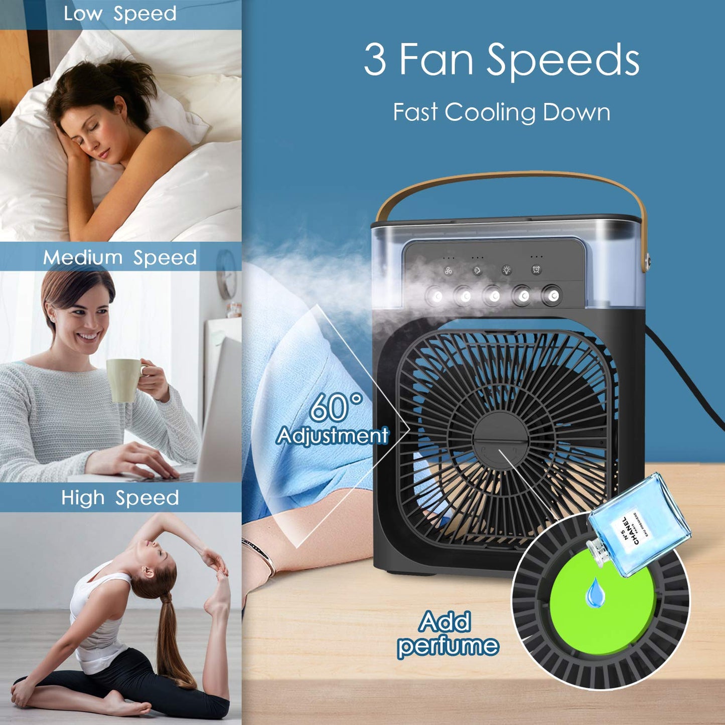 White Portable Air Cooler. Equipped with a 500 ml water tank, USB cooler, mini humidifier, 7 colors LED light, 3 timer settings,3 spray modes_M103