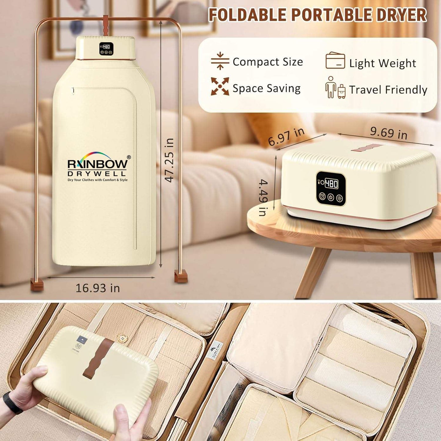 Thermodry Smart Portable Clothes Dryer, Rapid Heating, Foldable Electric Heater with Timer, Energy-Efficient Travel-Friendly Design for Apartments, Travel, Dorms & Small Spaces (600W)