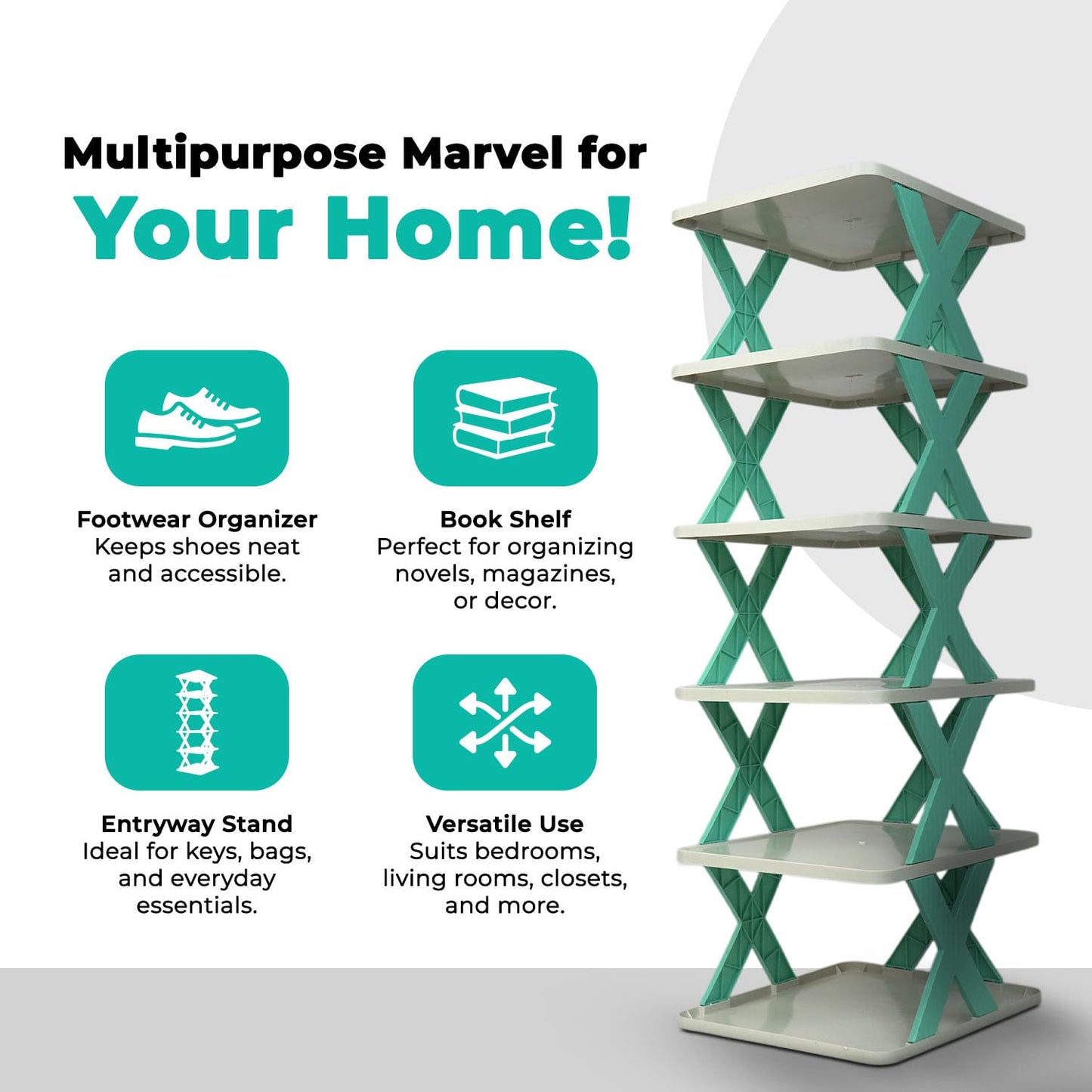 6 Layer Plastic Shoe Rack for Home Stackable & Adjustable Shoe Organizer Shelf for Entryway, Bedroom & Corner Use Space-Saving Foldable Stand with Book & Shoe Storage Slots (6 Layer)