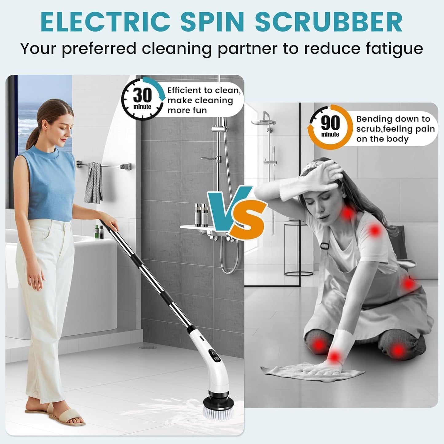 Powerful Electric Spin Scrubber,Cleaning Brush Services Scrubber for Home, 400RPMMins-9 Replaceable Brush Heads-90Mins High Work Time,Size & 2 Speeds Adjustable Multipurpose Spin