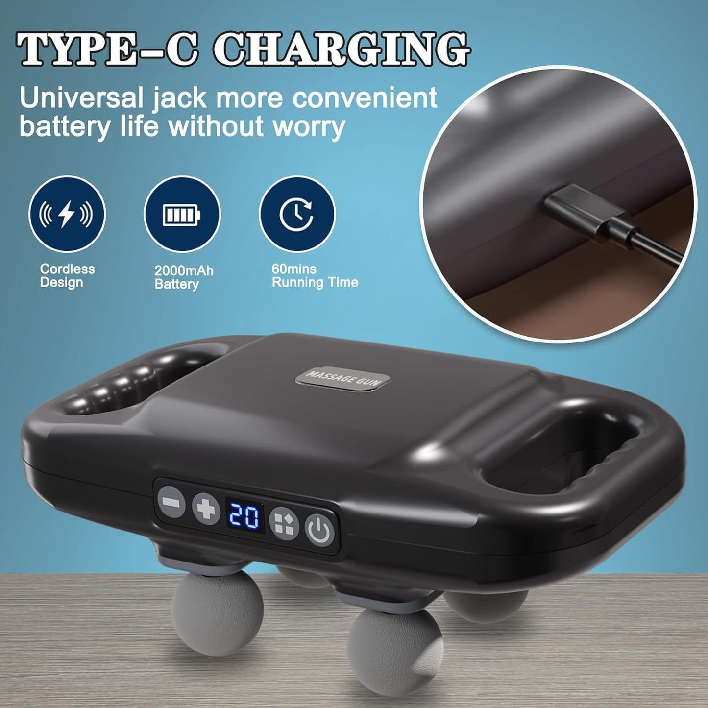 4-Head Massage Gun Deep Tissue, Muscle Massager 20 Intensities & 6 Massage Modes, 4-Head Back Massager for Pain Relief in Back, Leg, Neck, Shoulder and Body