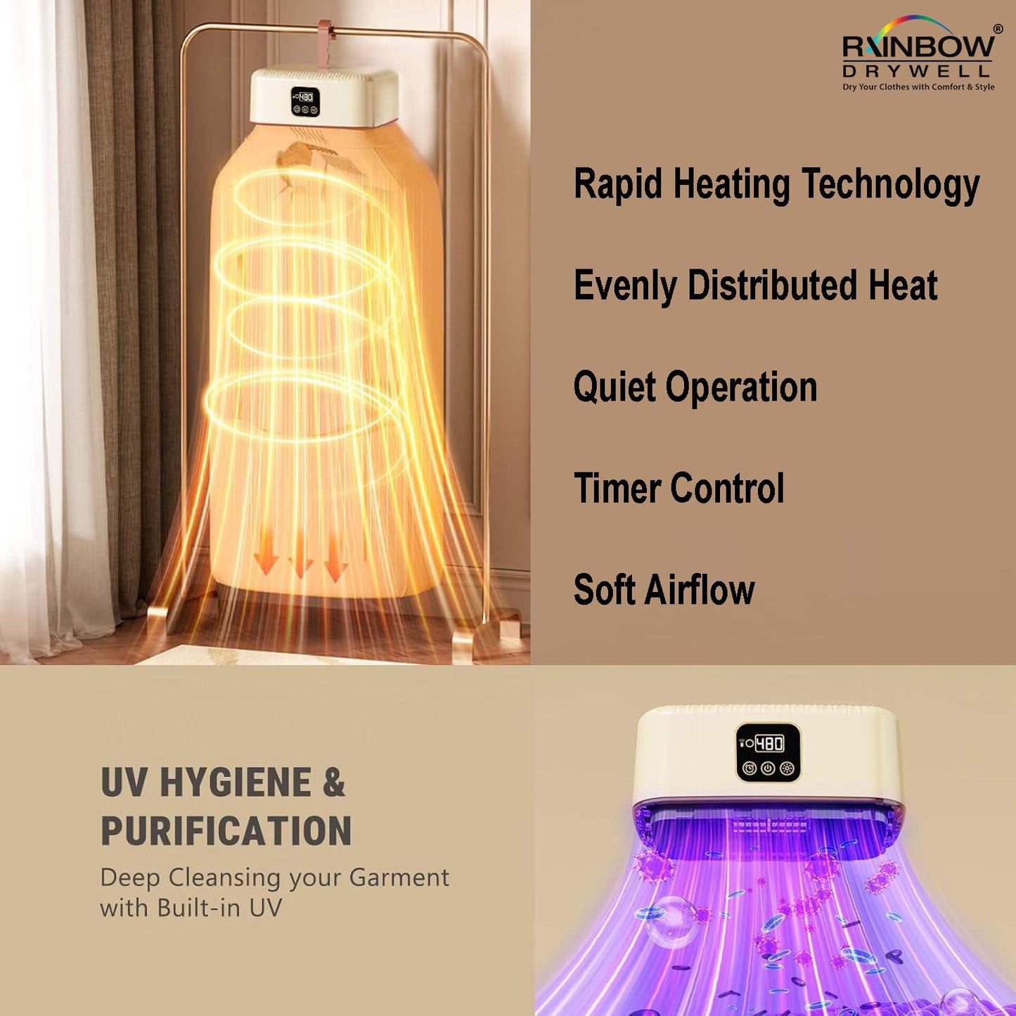 Thermodry Smart Portable Clothes Dryer, Rapid Heating, Foldable Electric Heater with Timer, Energy-Efficient Travel-Friendly Design for Apartments, Travel, Dorms & Small Spaces (600W)