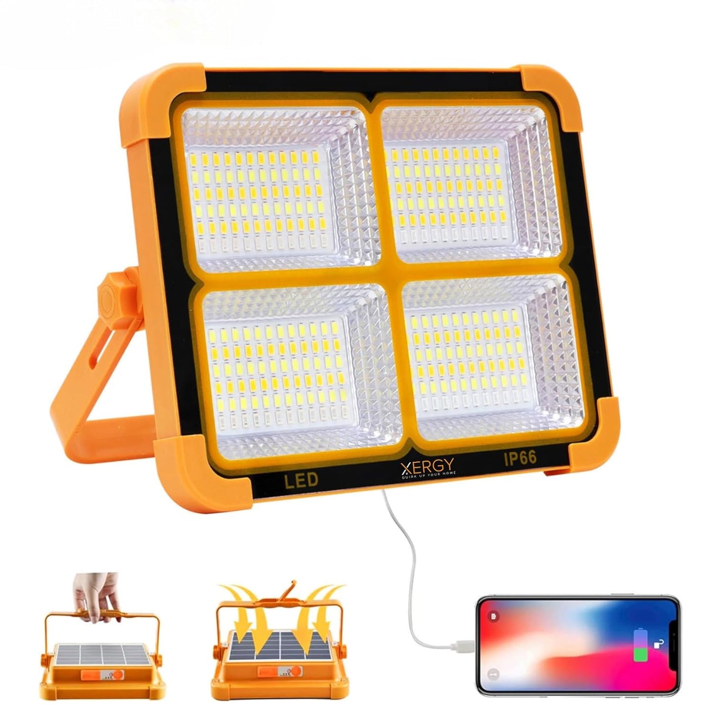 USB & Solar Rechargeable LED Flood Light - 288 LED's Portable & IP66 Waterproof Outdoor Light for Garden, Camping, Garage, and Emergency Use