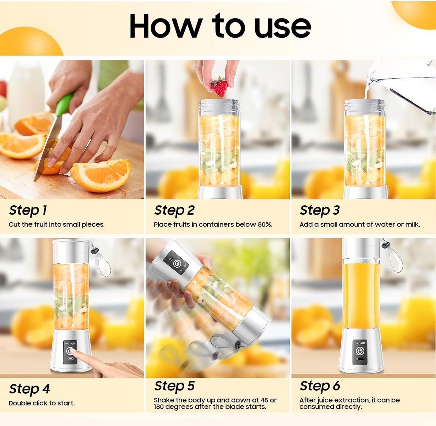 Portable Juicer Blender 6-Blade, USB Rechargeable Smoothie Maker with Built-In Bottle, Personal Fruit Juice Machine & Protein Shake Mixer for Home, Travel & Gym (Multicolor-2)