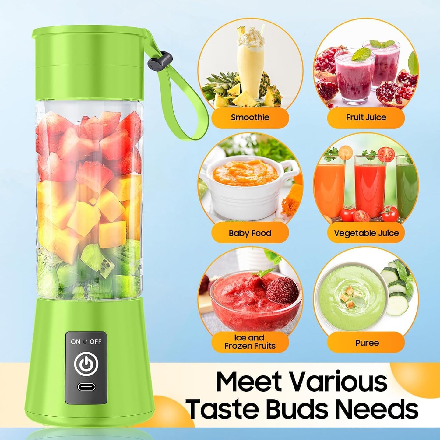 Portable Juicer Blender 6-Blade, USB Rechargeable Smoothie Maker with Built-In Bottle, Personal Fruit Juice Machine & Protein Shake Mixer for Home, Travel & Gym (Multicolor-2)