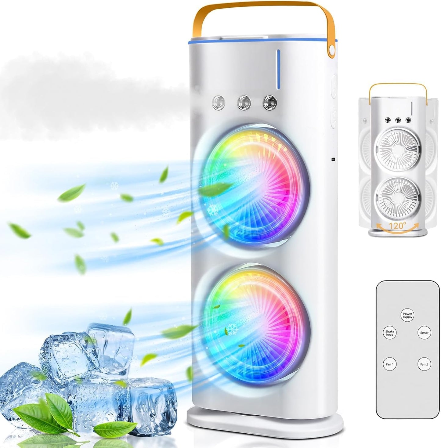 4000mAh Double Ended Spray Fan, Cold Air, 2025 New 3 Gears USB Rechargeable Oscillating one with LED Light Cooler, Tower Air Coolers & Remote Control, 280ml Water Tank, Ice Filling