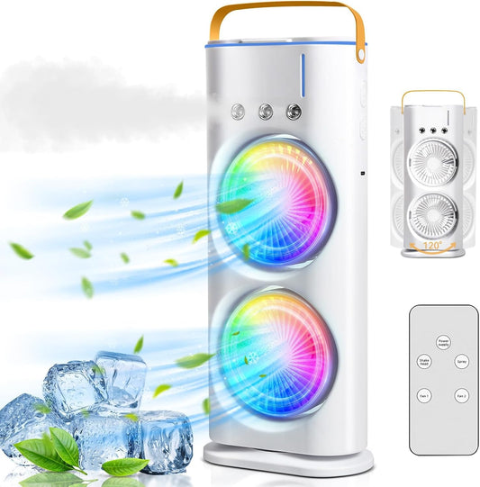 4000mAh Double Ended Spray Fan, Cold Air, 2025 New 3 Gears USB Rechargeable Oscillating one with LED Light Cooler, Tower Air Coolers & Remote Control, 280ml Water Tank, Ice Filling