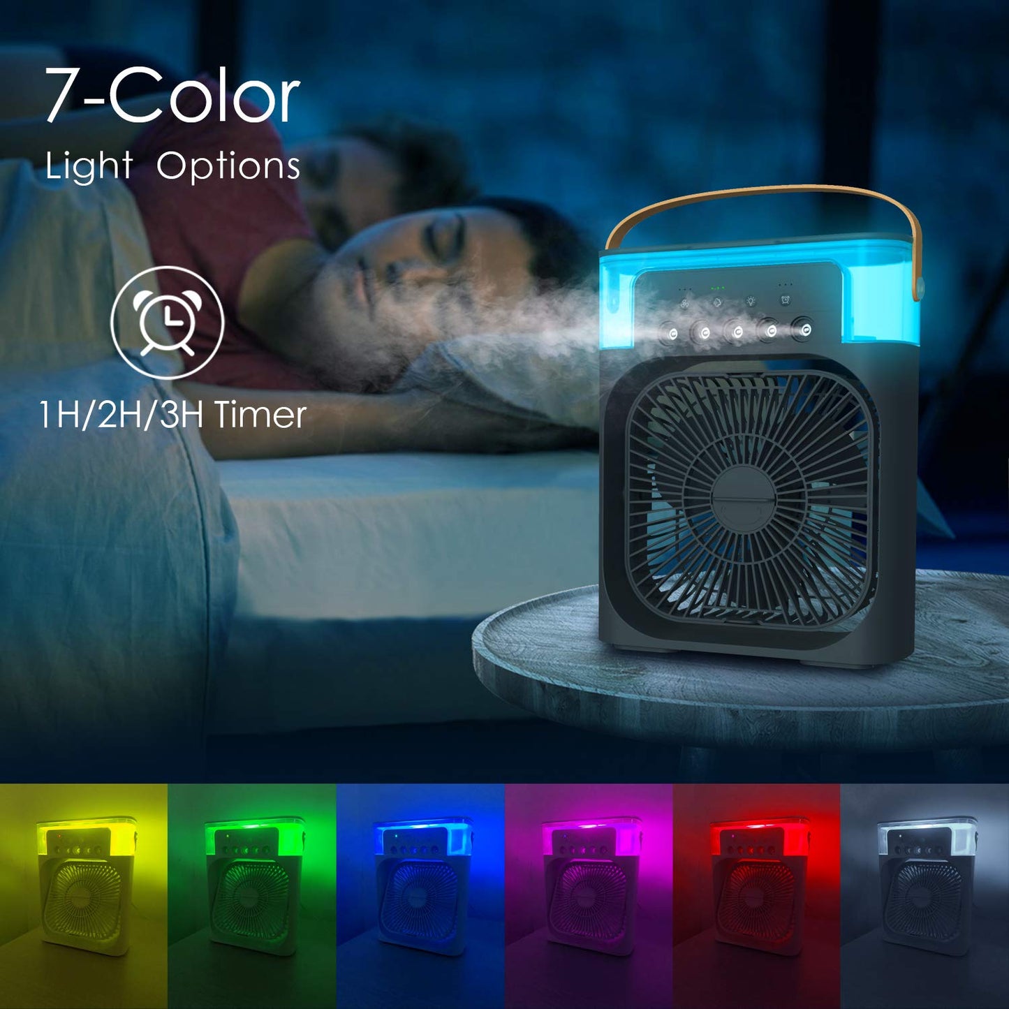 White Portable Air Cooler. Equipped with a 500 ml water tank, USB cooler, mini humidifier, 7 colors LED light, 3 timer settings,3 spray modes_M103